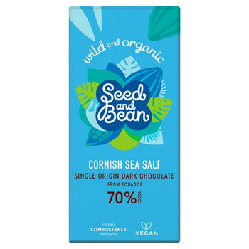 Barretta di cioccolato fondente biologico Seed & Bean 70% sale marino della Cornovaglia 75 g