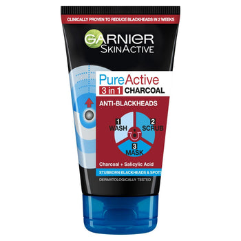 Garnier Pure Active 3in1 maschera viso al carbone per punti neri esfolia e lava 150 ml